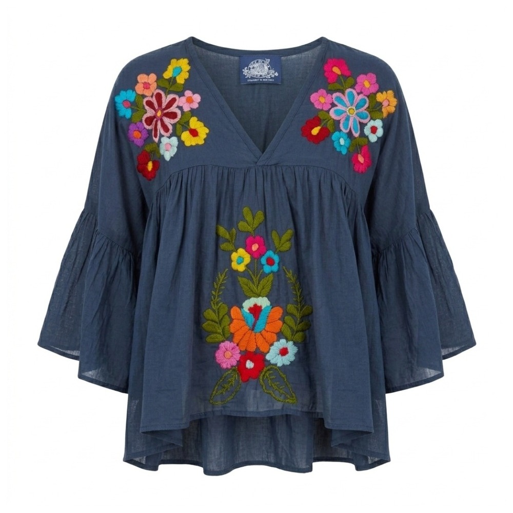 Erica Wilson Needle Works Gigi Embroidered Bell Sleeve Top Blouse Blue Floral XS